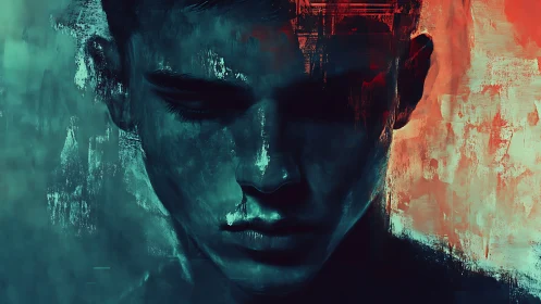 Brooding male portrait split by teal and fiery light.