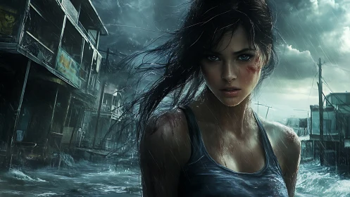 Storm-drenched survivor in flooded coastal ruin portrait.