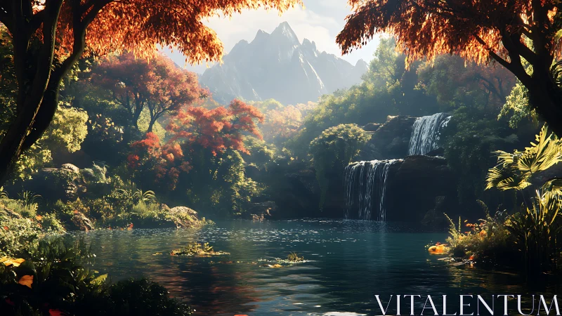 Lush forest lake with twin waterfalls and distant mountains.