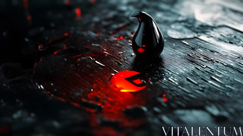 Futuristic black droplet and glowing red symbol on wet surface.