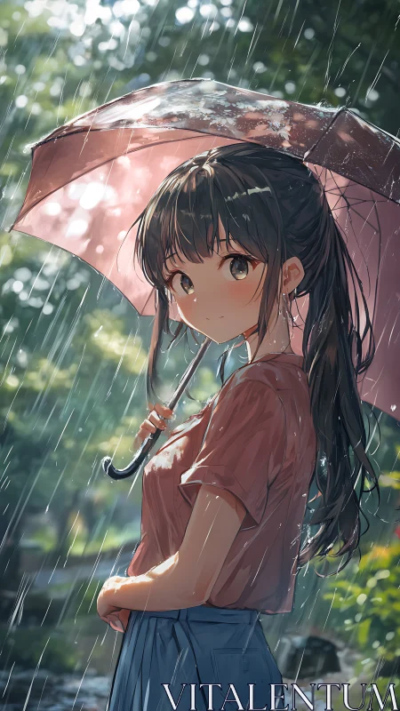 Girl holds umbrella in rainfall within lush outdoor park
