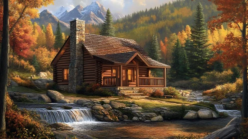 Log cabin stands beside cascading stream in forested valley