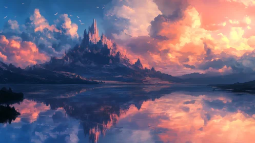 Mountainous landform reflects on calm water under dense clouds