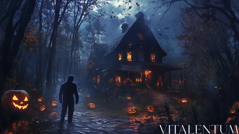 Moonlit jack-o’-lantern gauntlet guards a haunted forest manor.