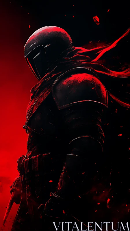Armored sci fi warrior in red smoke against black void.