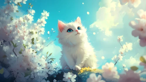 White Kitten Among Blossoms in Turquoise Ambiance.