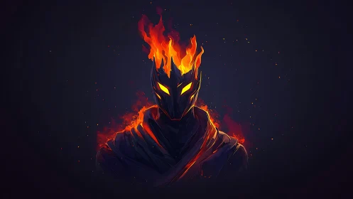 Volcanic flame wreathed armored wraith in dark void profile
