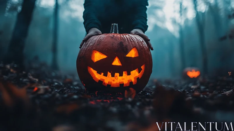 Jack-o’-lantern glows in eerie misty forest at dusk.