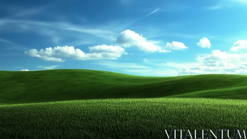 Sunlit green hills roll under vivid blue summer sky.