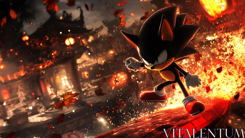 Shadow-like hedgehog in fiery autumn temple scene.