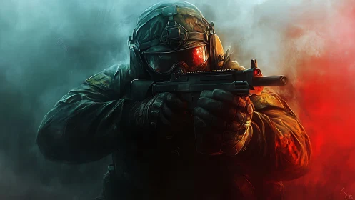 Armored soldier aiming rifle in colored atmospheric haze.
