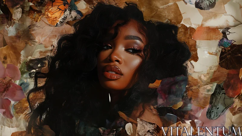 Radiant woman framed by dreamy petals and soft butterflies.