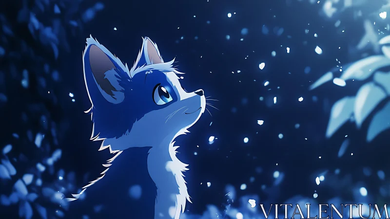 Blue fox cub observing glowing night particles calmly.