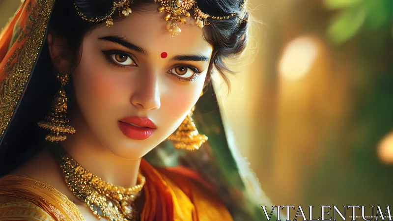 Digital portrait of jeweled woman with bindi in warm bokeh light.