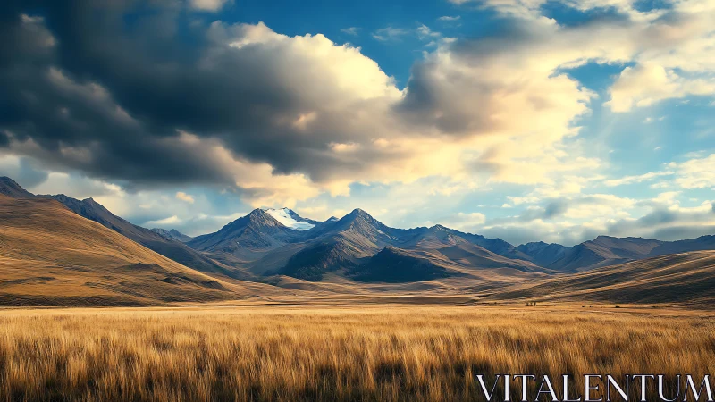 Golden grass plain before distant snowcapped mountain range.