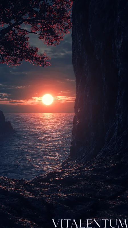 Sunlight intersects coastal cliff and water at low horizon