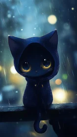 Hooded black cat with oversized luminous eyes in rainy bokeh night