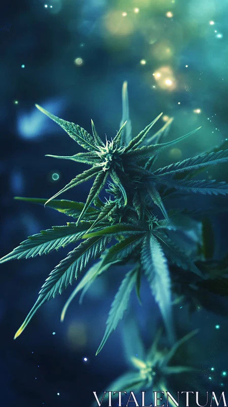 Cannabis inflorescence rendered in luminous teal bokeh field