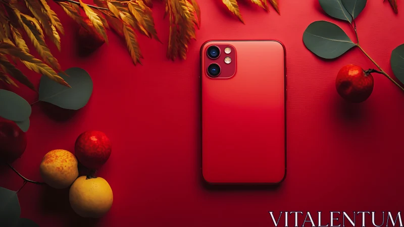 Red iPhone 12 with Autumn Fruits and Botanicals.