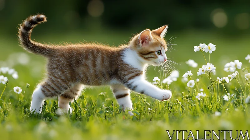 Tabby kitten exploring white wildflowers in sunlit meadow