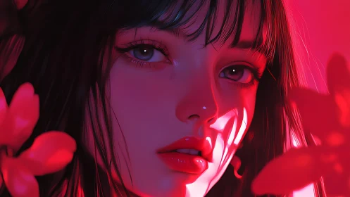 Crimson neon muse framed in soft petals and shadowplay.
