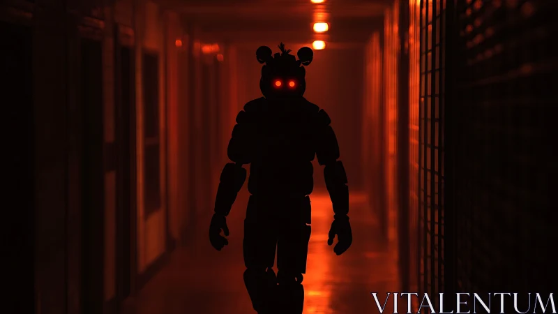 Animatronic silhouette in red-lit industrial hallway.