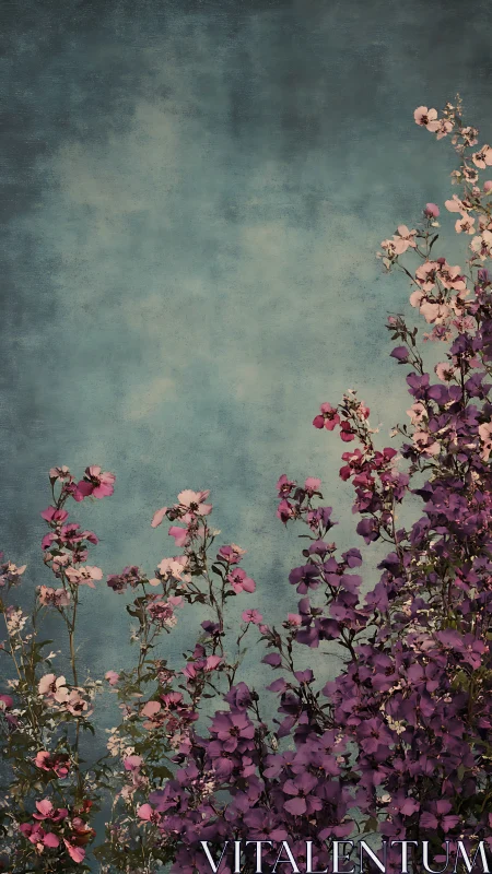Teal Sky Garden: Pink and Magenta Blooms Against Textured Backdrop.