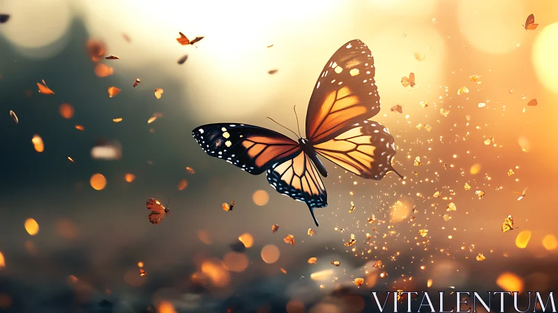 Monarch butterfly soars through glowing golden bokeh dusk.