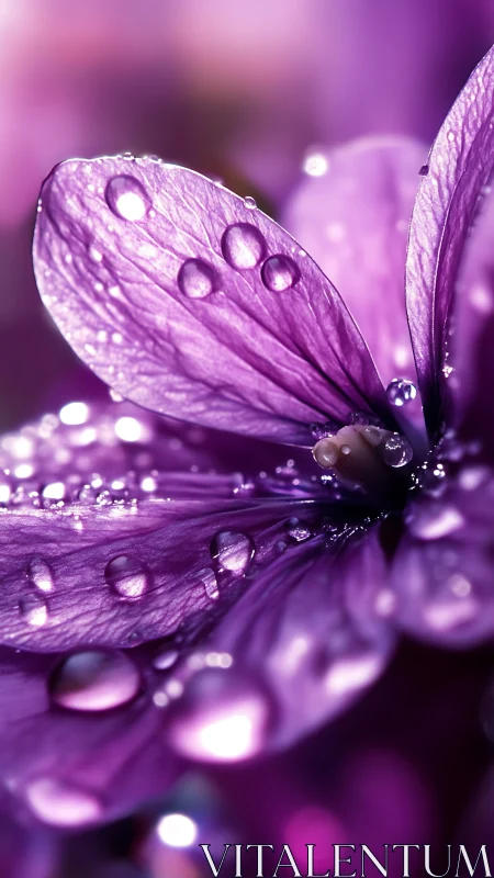 Macro study isolates violet petal surfaces with refracted droplets
