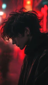 Brooding night wanderer in soft neon city glow.