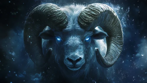 Mystic horned ram with glowing blue eyes in starlit storm.