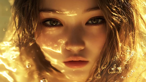 Face emerges through refracted golden water with high specular highlights