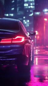 Sport sedan rear view in neon lit rainy city street.