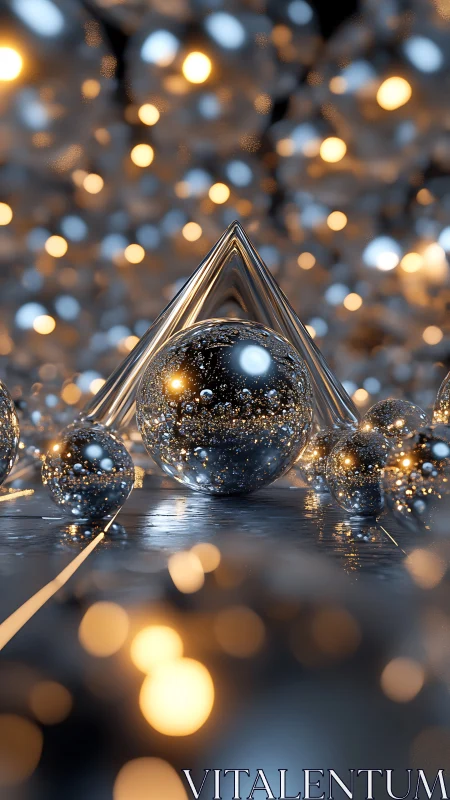 Specular chrome spheres before hollow prism in bokeh field.