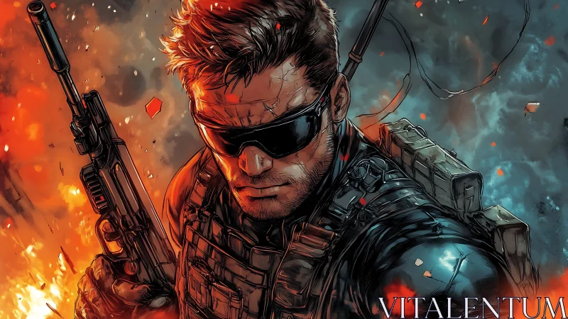 Armored tactical operative in explosive high-contrast combat portrait