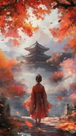Figure in red kimono faces misty pagoda under autumn maples