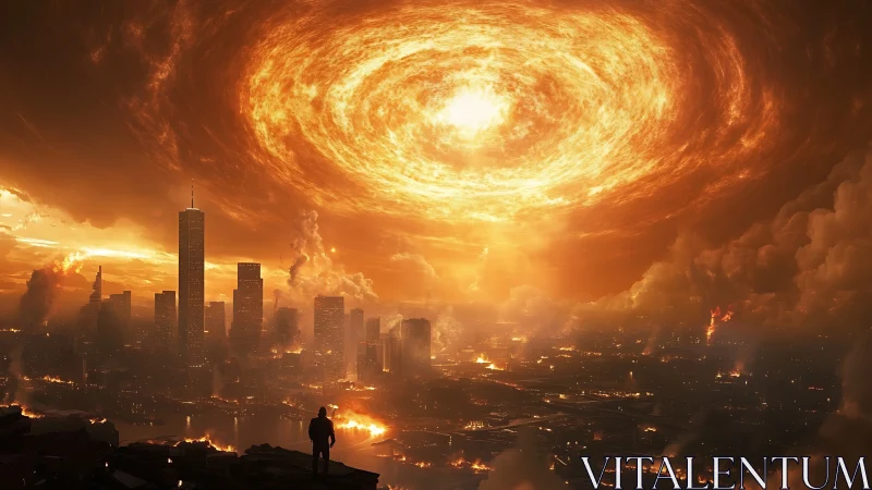 Lone dreamer watching a fiery sky swirl above the city.