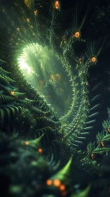 Glowing forest spiral opening into a mysterious green world.