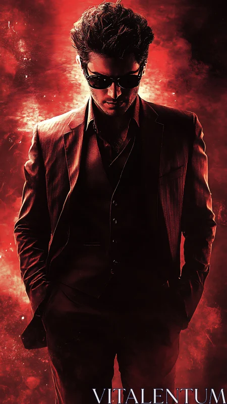 Silhouetted suited man in red backlit smoke and shadow.