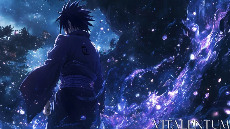 Dark haired warrior faces swirling purple energy stream.