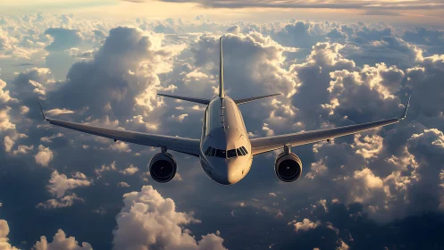 Jet airliner piercing golden sunset clouds in flight.