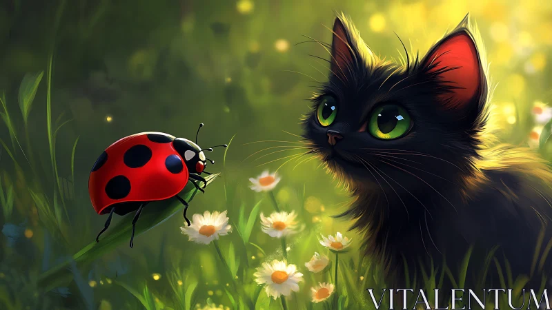 Black kitten observes red ladybug in bright meadow light