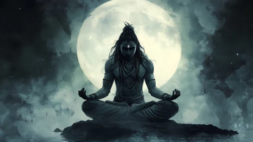 Meditating figure in front of full moon on rocky surface.