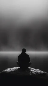 Solitary seated figure on rock before misty water horizon.
