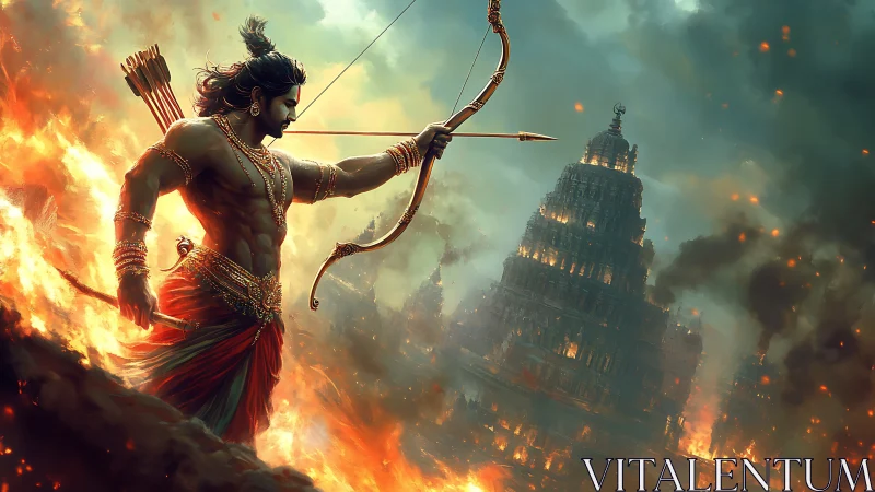 Mythic archer unleashes fiery wrath on a burning citadel.