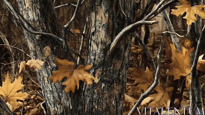 Golden autumn leaves rest gently against weathered forest bark