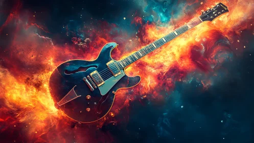 Electric guitar blazing through cosmic firestorm in space.