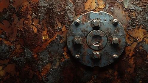 Rusty industrial metal plate with bolts, close-up macro texture.