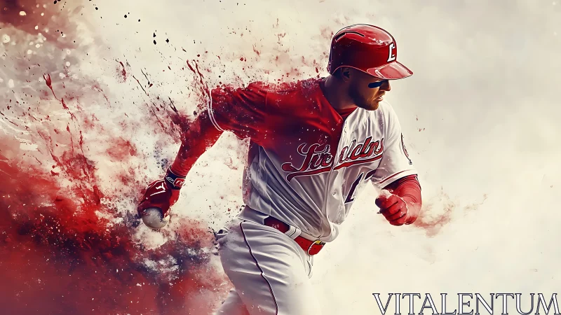 Dynamic digital painting of baseball runner in red motion.