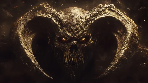 Demonic horned skull emerges from molten shadowed void.